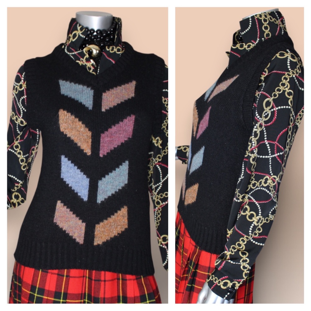 Wool Black Knit Sweater Vest with Colorful Chevron Pattern